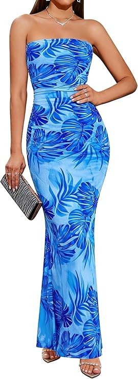 BTFBM Women Summer Strapless Maxi Dress 2026 Bodycon Floral Long Wedding Guest Dress Formal Tube ... | Amazon (US)