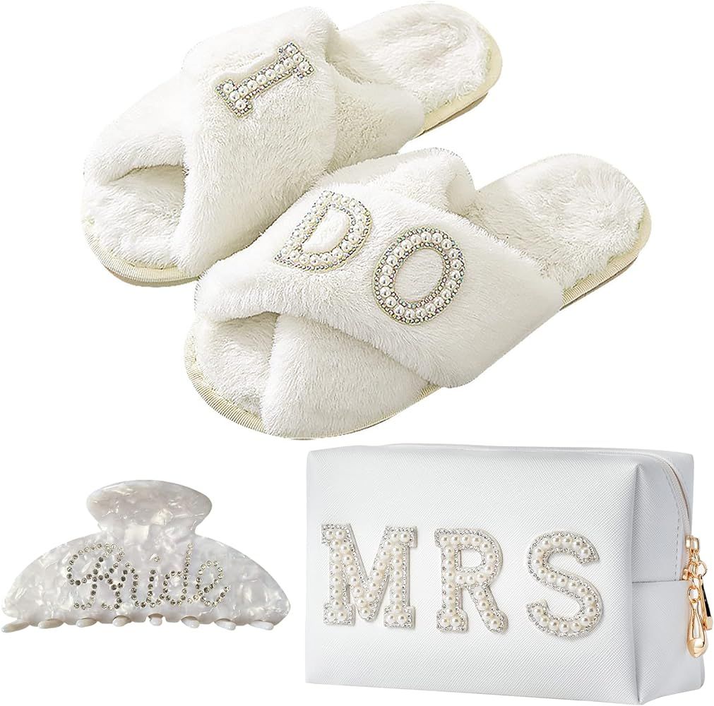 Bride to Be Gift Set, I Do Bride Slide Slippers, Bride Robe Hair Claw Bride Patch MRS Cosmetic Ba... | Amazon (US)