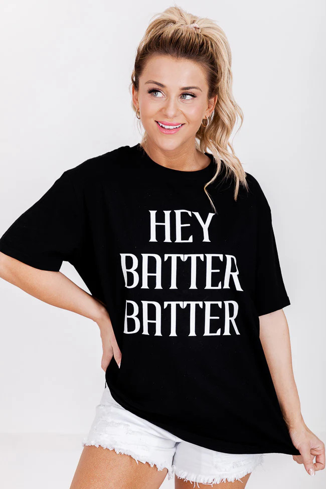 Hey Batter Batter Black Oversized Graphic Tee | Pink Lily