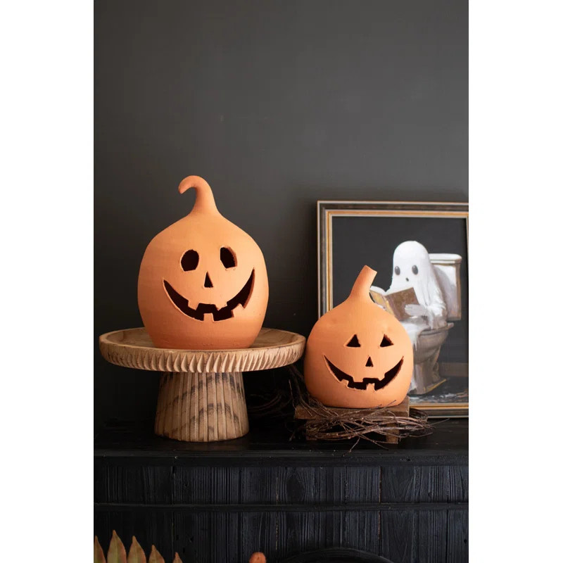 Terracotta Clay Jack-O-Lanterns Set Of 2 – 13" H Handmade Halloween Lanterns For Indoor Outdoor... | Wayfair North America