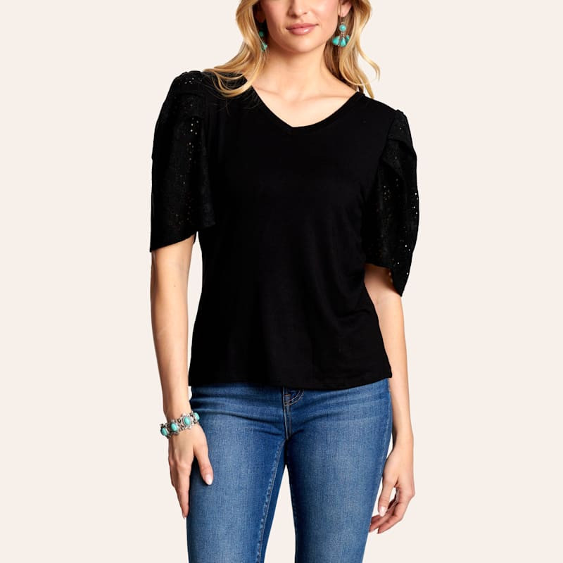 R. Rouge Women's Black Eyelet Sleeve Top | Cavender's