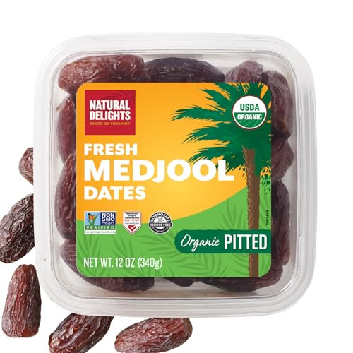 Natural Delights Medjool Dates - Jumbo USDA Certified Organic Pitted Dates Medjool, Non-GMO Verified, Good Source of Fiber, Naturally Sweet Fruit Snack, Perfect for On-the-Go - Organic Medjool Dates Pitted, 12 oz Container | Amazon (US)
