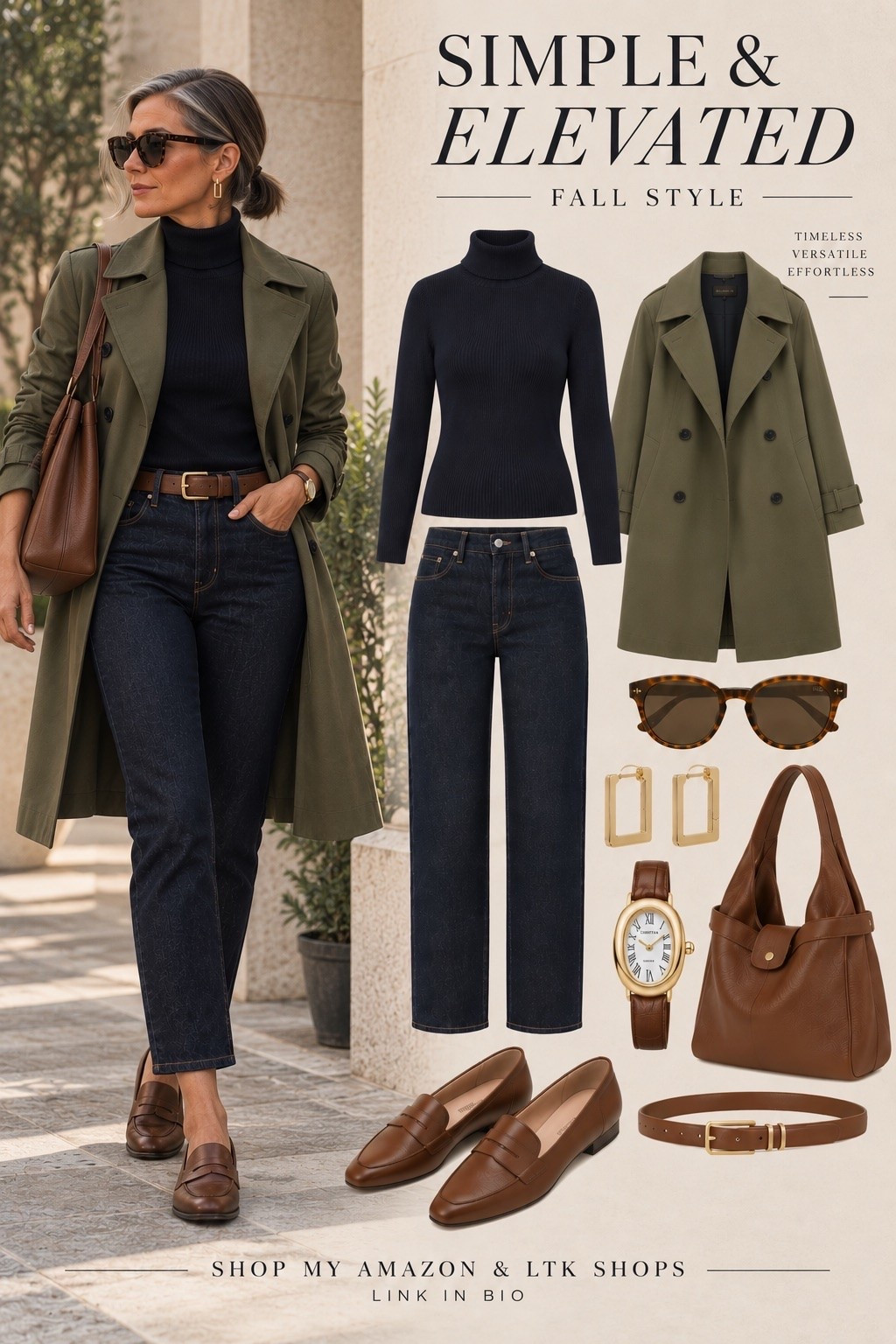 Timeless fall style doesn’t have to be complicated. An olive trench, classic black turtleneck, dark denim, brown loafers and polished accessories create an effortless look you can wear season after season. These are the kind of versatile wardrobe staples that make getting dressed easy while still looking put together.

🤎 Shop the pieces on my Amazon Storefront & LTK #FallOutfits #FallStyle #ClassicStyle #TimelessStyle #Over50Style #FashionOver50 #ElevatedBasics #AmazonFashion #LTKFashion #FallWardrobe #CapsuleWardrobe #ClassicFallStyle

#LTKOver40 #LTKSeasonal #LTKootd