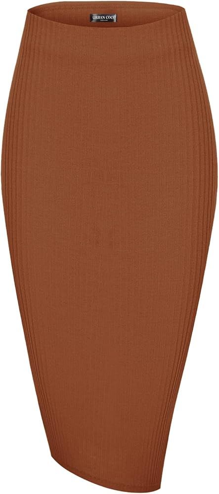 Urban CoCo Elastic High Waist Knee Length Pencil Skirt Ribbed Knit Basic Tube Midi Skirt | Amazon (US)