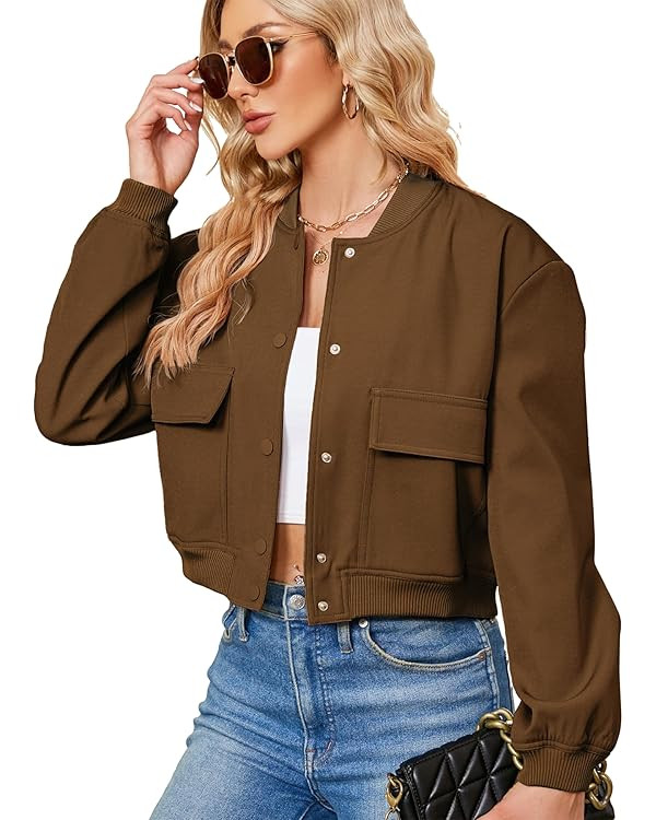 Zando Bomber Jacket Women 2026 - Short Cropped Jacket Women Button Down Long Sleeve Casual Varsit... | Amazon (US)