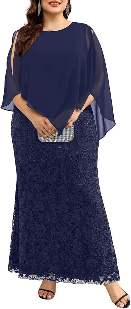 Women's Plus Size Cape Dress with Chiffon Overlay Gown Formal Evening Lace Long Mermaid Dresses 2... | Amazon (US)
