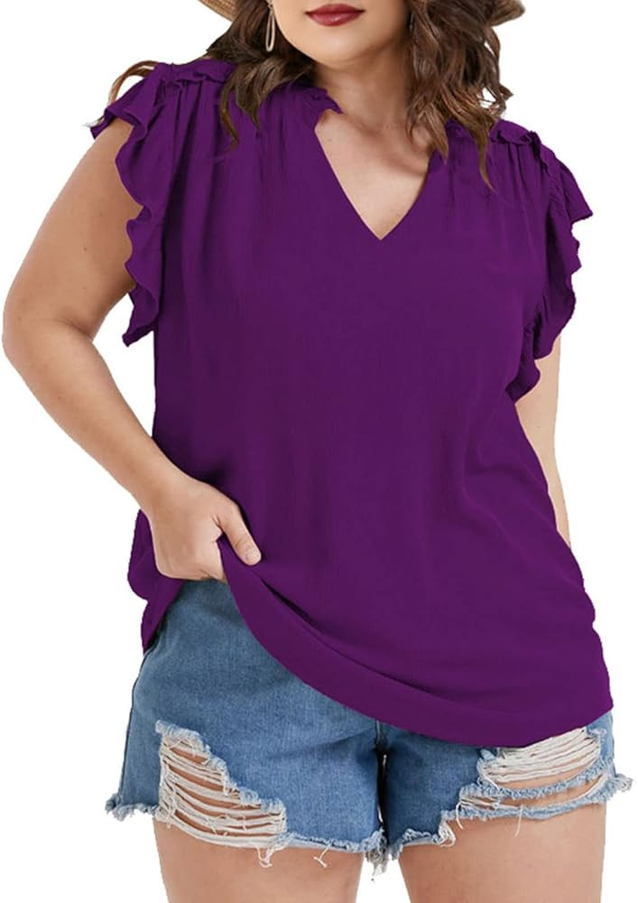 vepeabak Plus Size Tops for Women V Neck Ruffle Sleeve Blouse Solid Color Tunic Casual Shirts Sum... | Amazon (US)