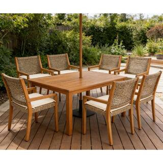 Brown Acacia Wood Outdoor Dining Chair with Beige Cushions for Backyard, Poolside, Garden (6-Pack) | The Home Depot