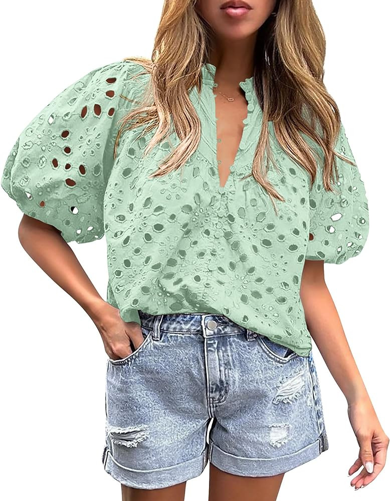 PRETTYGARDEN Womens Hollow Out Lace Embroidered Blouse | Amazon (US)