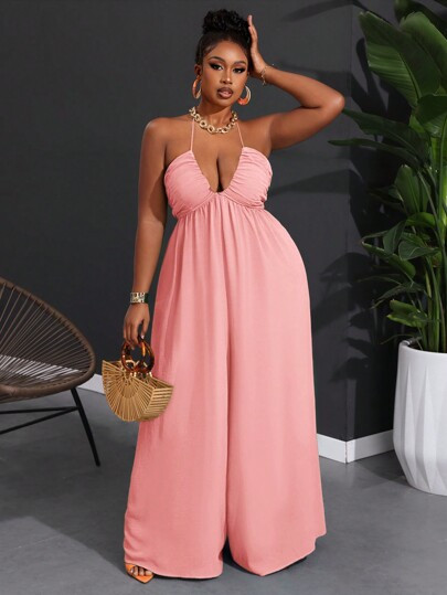 Slaydiva Women's Plus Size Halter Backless Wide Leg Jumpsuit For Casual Vacation | SHEIN