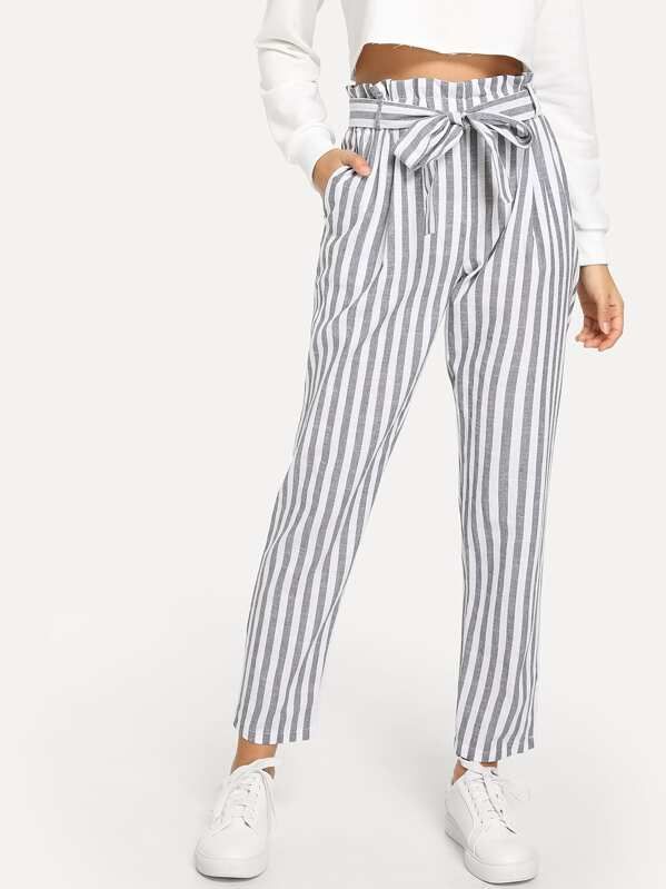 Vertical Striped Frill Belted Pants | SHEIN