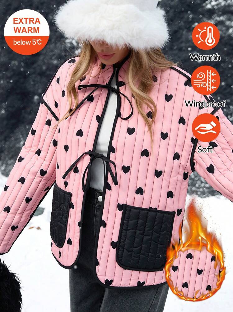 SHEIN VCAY Women Casual Heart Print Patchwork Pocket Front Knot Jacket, Autumn/Winter,Winter Wome... | SHEIN