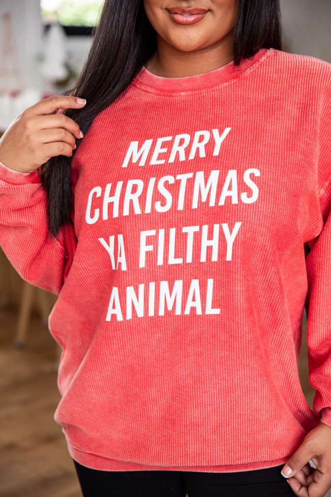 Merry Christmas Ya Filthy Animal Red Corded Graphic Sweatshirt FINAL SALE | Pink Lily