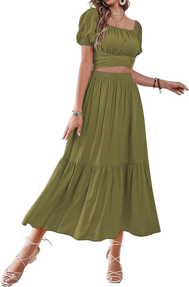 LYANER Women's 2 Pcs Outfits Wrap Tie Short Sleeve Crop Top Ruffle Maxi Skirt Set | Amazon (US)