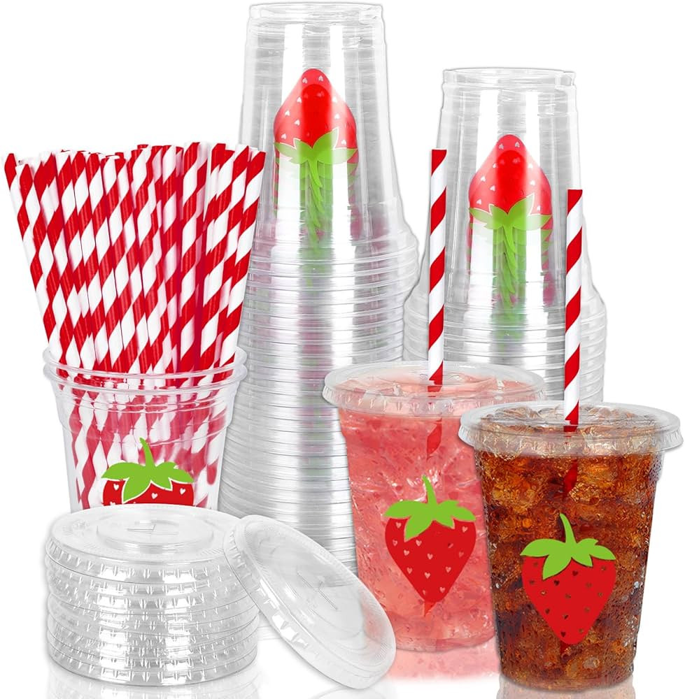 Whaline 50Pcs Strawberry Disposable Plastic Cups with Lids and Straws 12oz Party Cups Red Strawbe... | Amazon (US)
