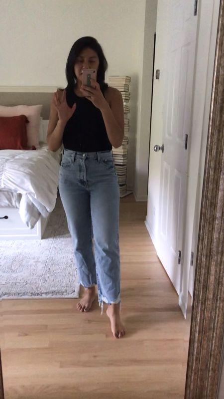 My new favorite pair of jeans. These are cropped jeans and I’m 5’4”. They fit true to size. These are nonstretch denim so it will feel snug at first and will loosen throughout the day. It has frayed him and the perfect mom jeans. 
Wearing a sustainable tank top from everlane. Super comfortable and only $30. 
Mom style, fall transitional outfit, 

#LTKstyletip #LTKunder100
