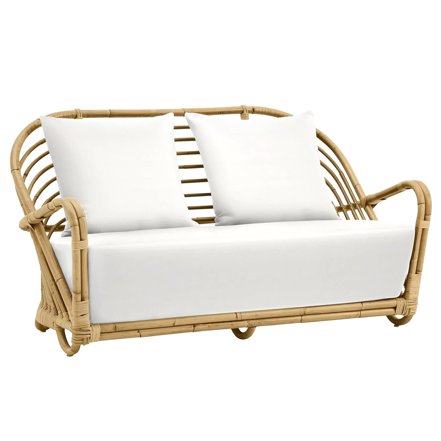 Chris Coastal Beach White Performance Cushion Natural Brown Rattan Sofa - 53.9""W | Kathy Kuo Home