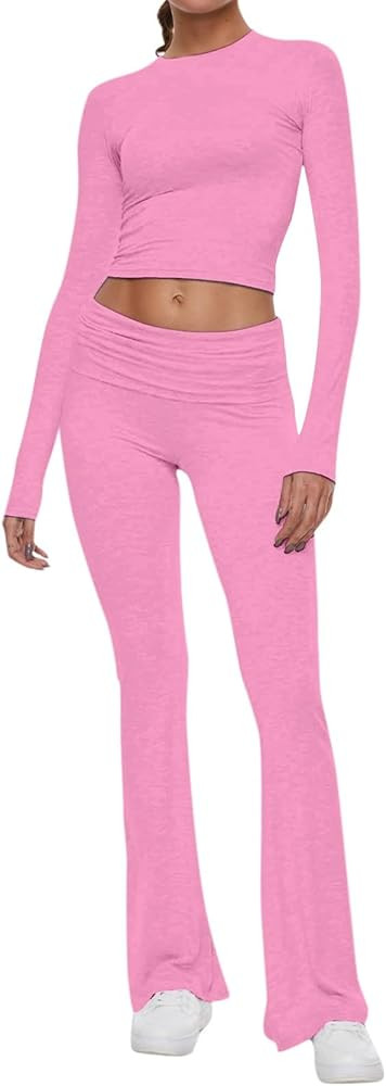 Aryapyper Womens 2 Piece Lounge Sets Long Sleeve Cropped Top Fold-over Flare Pant Set Casual Comf... | Amazon (US)