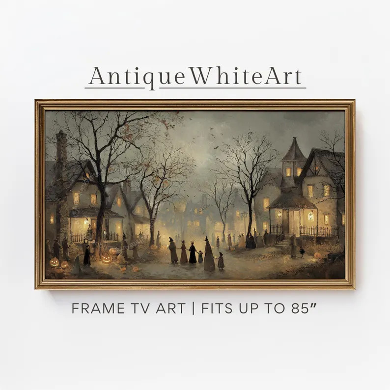 Halloween Frame TV Art, Vintage Village, Autumn Night, Muted Painting, Trick-or-treat, Halloween ... | Etsy (US)