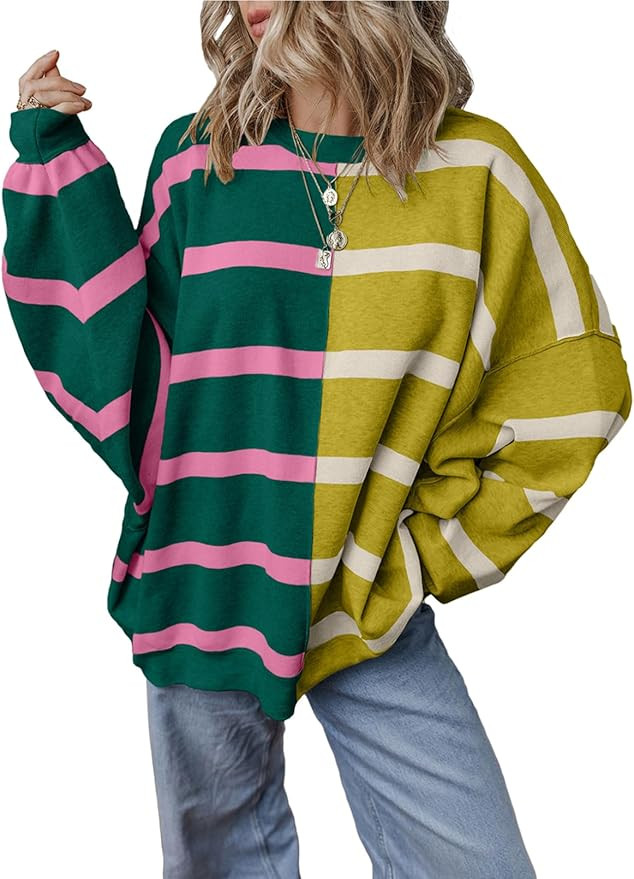 EVALESS Womens Striped Sweaters Long Sleeve Cable Knitted Color Block Casual Loose Lightweight Ov... | Amazon (US)