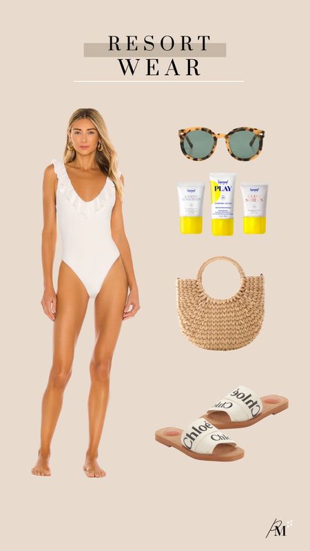 loreta one piece 
karen walker sunglasses 
supergoop sunscreen set 
abercrombie rattan bag 
chloe sandal 

#LTKstyletip #LTKshoecrush #LTKFind