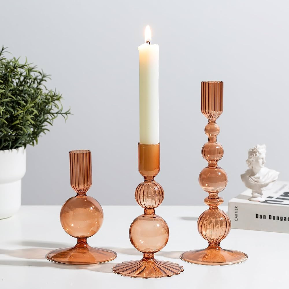 Glasseam Candle Sticks Holder Decor: Amber Glass Candle Holders Set of 3 Modern CandleHolders for... | Amazon (US)