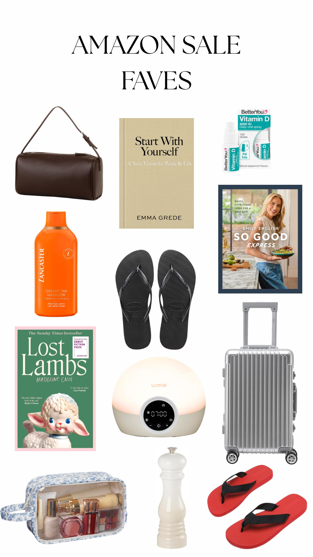 amazon sale faves, amazon favorites, brown shoulder bag, chocolate brown handbag, start with yourself book, emma grede book, vitamin d spray, betteryou vitamin d, lancaster golden tan maximizer, tanning lotion, black flip flops, havaianas sandals, cookbook, so good express, emily english cookbook, lost lambs book, madeline cash, lumie alarm clock, sunrise lamp, silver hard shell suitcase, travel luggage, floral makeup bag, beauty bag, white pepper mill, red flip flops, summer essentials, travel essentials, beauty favorites, wellness favorites, lifestyle finds 

 #LTKsummer #LTKeurope #LTKsale