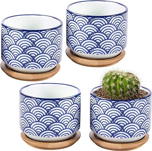 3-inch Japanese Style Wave White and Blue Ceramic Succulent Planter Pots with Bamboo Drip Tray, S... | Amazon (US)