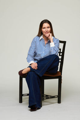 Alexander Striped Button Down Collared Contrast Top - Navy | Benaar La