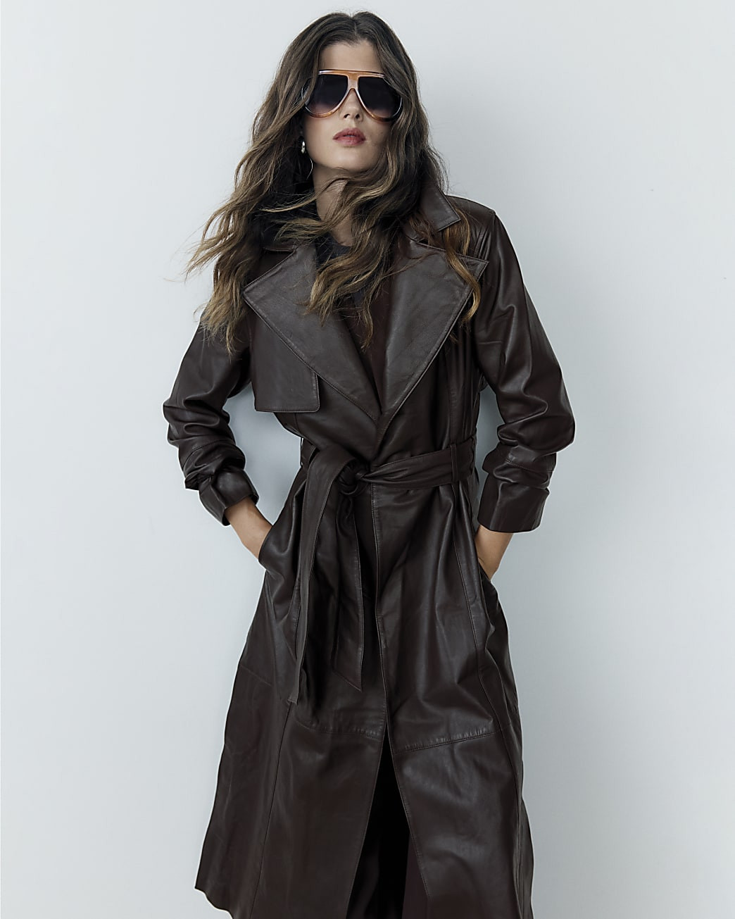 RI Studio Brown leather Trench Coat | River Island UK & IE