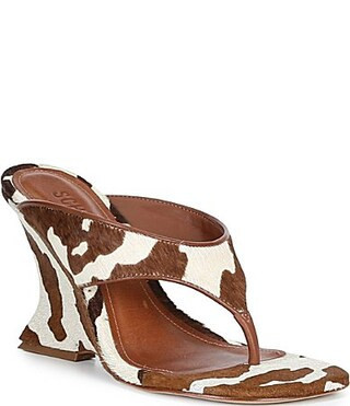Schutz Maya Cow Print Hair Calf High Wedge Thong Sandals - 6 | Dillard's
