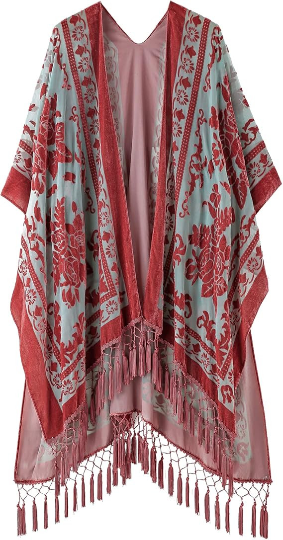 MJ SERECA Women's Burnout Velvet Kimono Long Cardigan Cover Up with Tassel | Amazon (US)