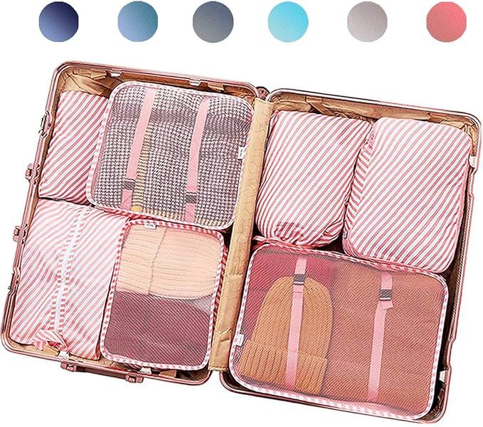 PACTIVE Packing Cubes for Travel, 6/7/8/9 Set Luggage Organizer (7 Pink Striped) | Amazon (US)