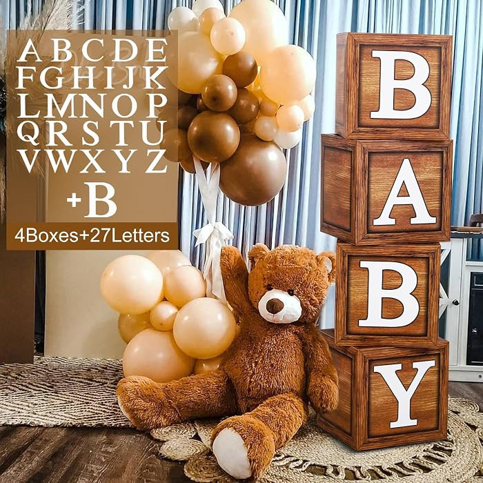 Baby Shower Decorations Boxes with 27 letters - 4 Wood Grain Brown Blocks with 27 Letters, First ... | Amazon (US)