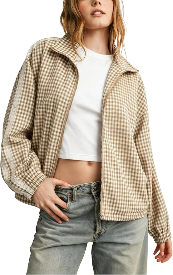 Esmeling Women Plaid Zip Up Jacket Collared Lace Trim Balloon Sleeve Coat Cropped Outerwear with ... | Amazon (US)