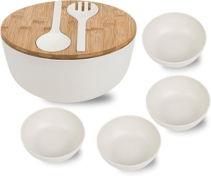 Amazon.com | LOVYANXUE Salad Bowl with Lid, 9.8" Large Salad Bowl Set with Lid Spoon Fork, Natura... | Amazon (US)