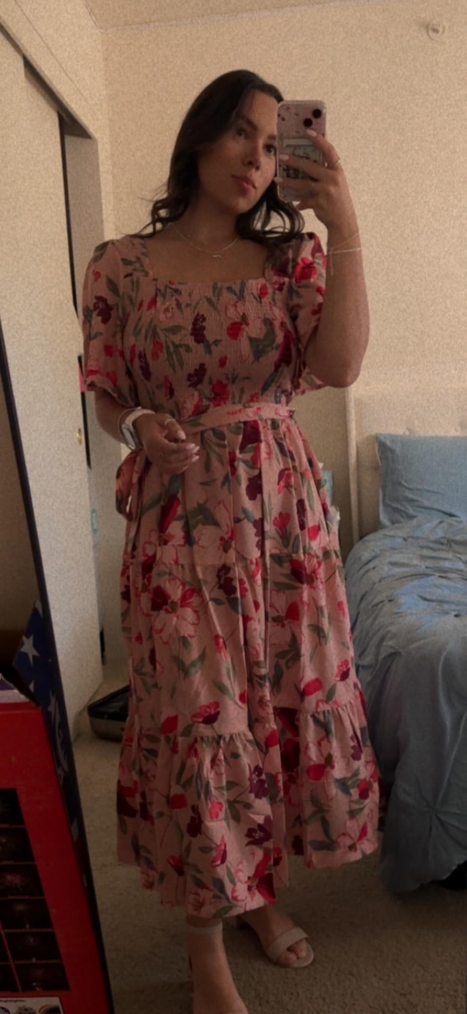 Amegoya Women's Boho Flowy Long Sleeve Square Neck Floral Midi Dress Smocked Spring Fall Wedding ... | Amazon (US)