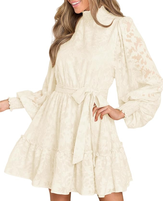 Ferlema Womens 2024 Long Puff Sleeve Smocked High Neck Tie Waist Floral Lace A Line Flowy Party M... | Amazon (US)