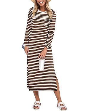 ANRABESS Womens 3/4 Sleeve Striped Slit Midi T Shirt Dresses 2026 Summer Casual Beach Vacation Cl... | Amazon (US)