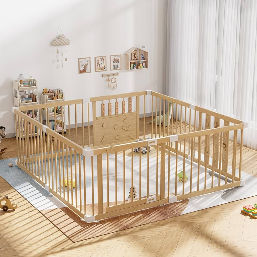 Wooden Baby Playpen with Child Safety Lock, 64"×64" Large Playpen for Babies and Toddlers, Indoo... | Amazon (US)