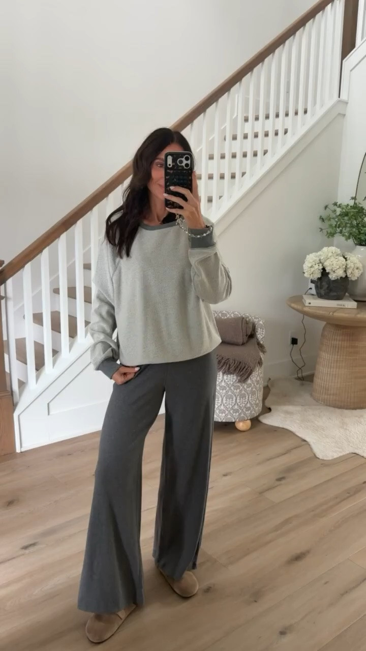 @Target  This matching set is such a good combination of comfort and style. I love the soft sage sweatshirt with contrasting gray trim and the relaxed wide leg pants. Perfect for travel days, working from home, or running errands when you want to feel comfortable but still look put together.
matching lounge set, sage green sweatshirt, gray wide leg pants, contrast trim sweatshirt, cozy matching set, fall loungewear, travel outfit, airport outfit, casual fall style, comfortable outfit, women's loungewear, women over 40 fashion, annabrstyle