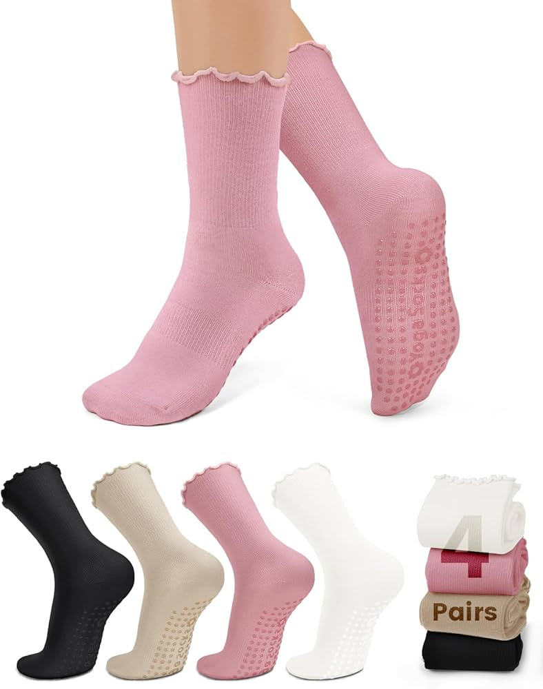 yeuG Pilates Socks with Grips for Women Non Slip Ruffle Socks Grip Socks Cute Turn-Cuff Crew Fril... | Amazon (US)