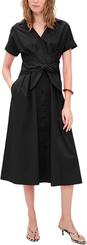 Yeokou Women Pleated Shirt Dress V Neck Short Sleeve Button Down Casual Summer Dresses Workwear with Tie | Amazon (US)