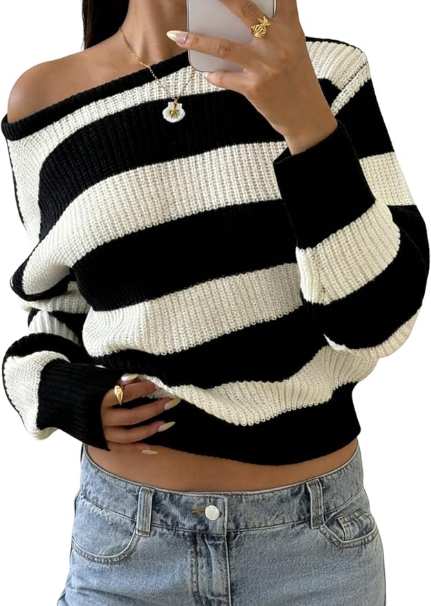 Verdusa Striped Off The Shoulder Oversized Sweater Y2K Striped Sweater | Oversized, Long Sleeve, ... | Amazon (US)