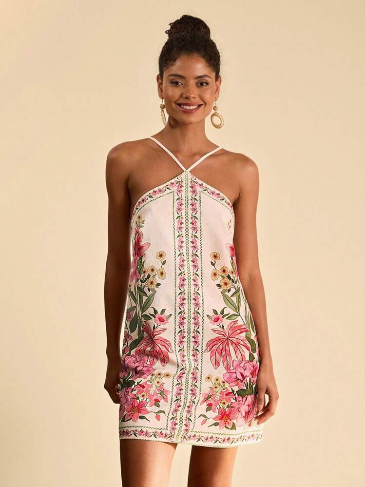 Travachic Flower Print Backless Halter Mini Dress, Casual Resort Style,Bohemian Clothes, Suitable For Holiday , Afternoon Tea, Wedding Season, Beach Cruise Vacation, City Road Trip Vacation, Boho Vacation, Music Festival , Beachwear, Easter, Beach Outfits For Woman,, Elegrant Dress For Women, Vacation Outfits Women, Concert Outfit Women, Tropical Vacation Woman Clothes, Holiday Outfits, Bohemian Clothes,For Spring Sunmmer And Autumn,Tropical Vacation, Bohemian Outfits, Ibiza Outfits, Western Style | SHEIN