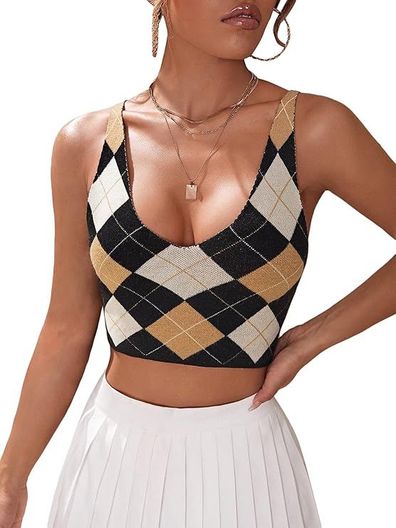 Romwe Women's Argyle Print Sleeveless Criss Cross Back Scoop Neck Crop Tank Tops | Amazon (US)