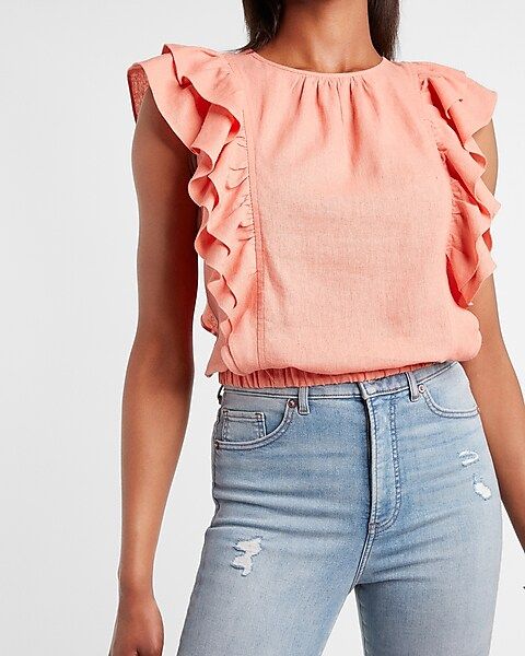 Linen-Blend Banded Bottom Ruffle Top | Express