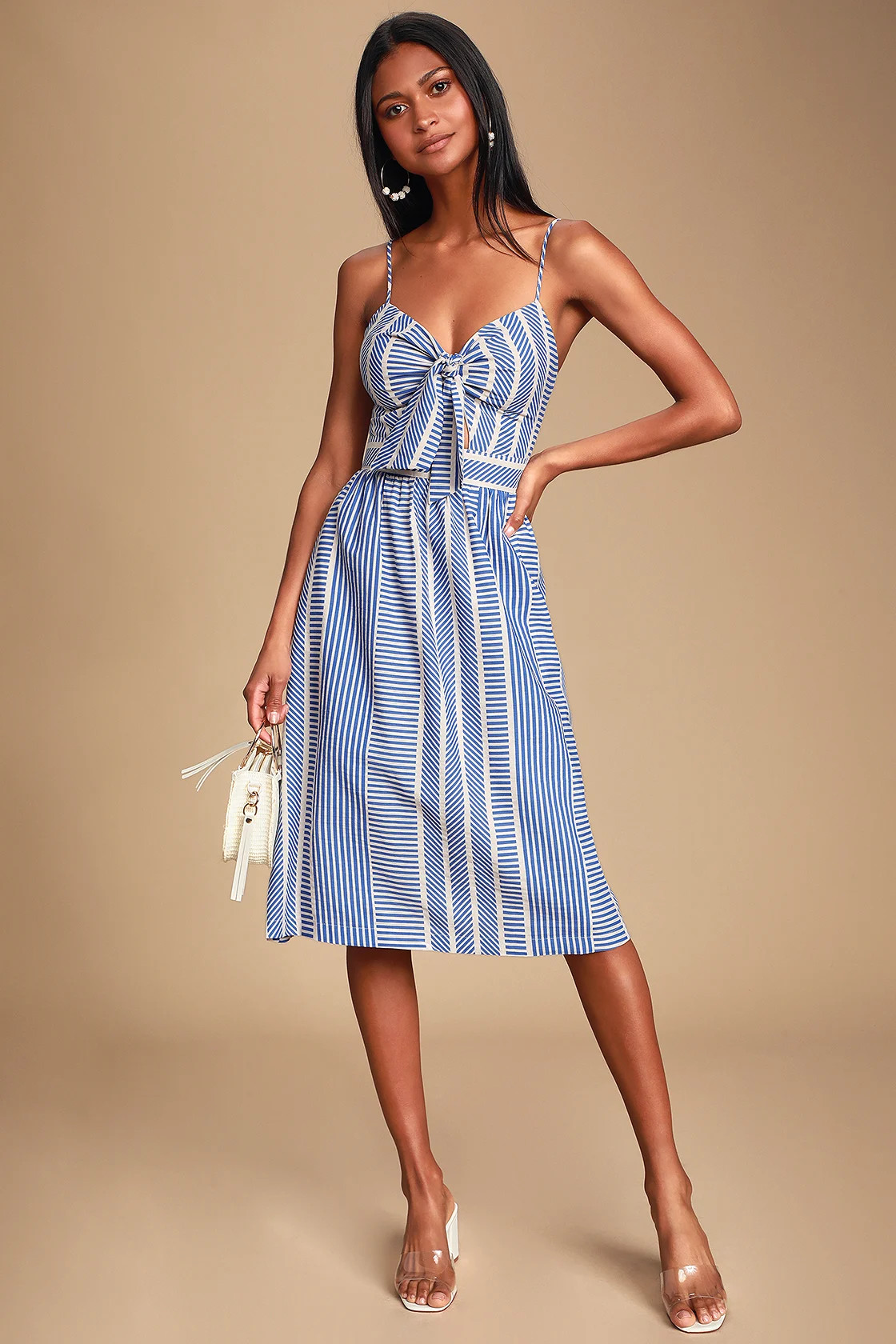 World Wonder Blue Striped Tie-Front Midi Dress | Lulus