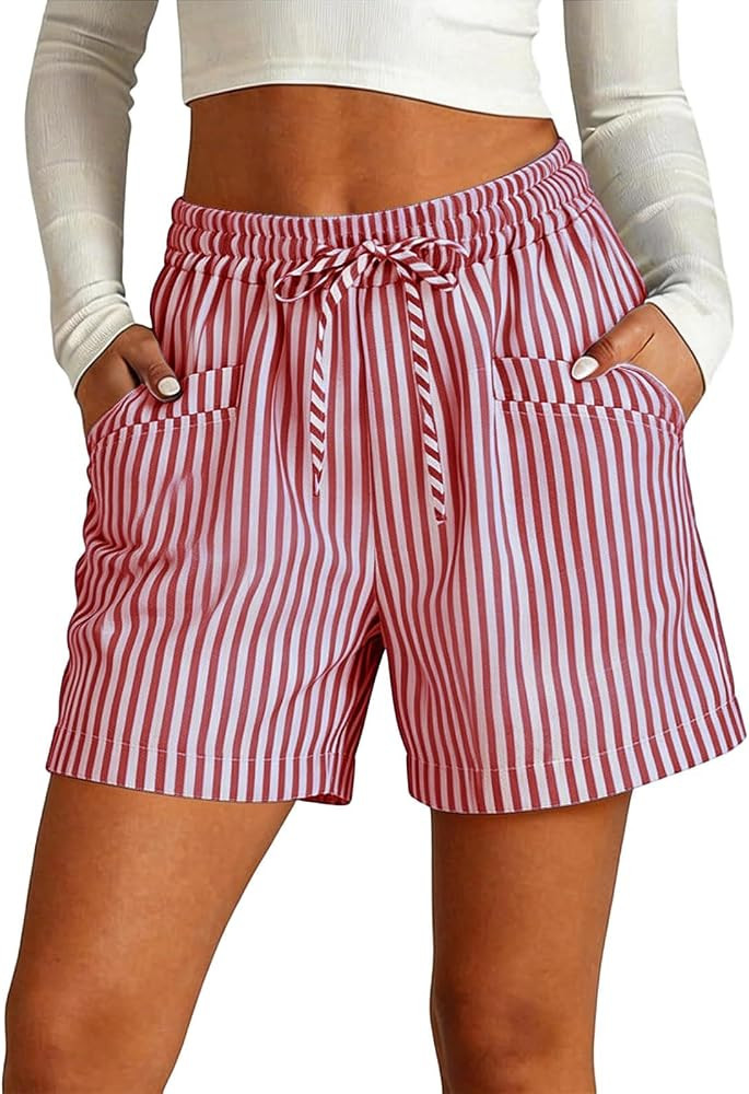 Blue and White Striped Linen Shorts Women Drawstring High Elastic Waist Summer 5 Inch Inseam Bott... | Amazon (US)