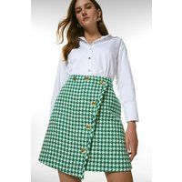 Karen Millen Check Tweed Button A Line Skirt -, Green | Karen Millen UK & IE